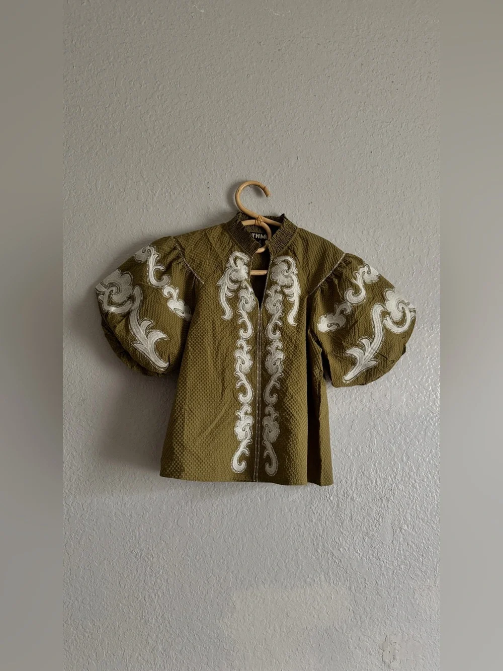 THML Olive Green Puff Sleeve Embroidered Blouse with Cream Applique - Picture 1 of 3